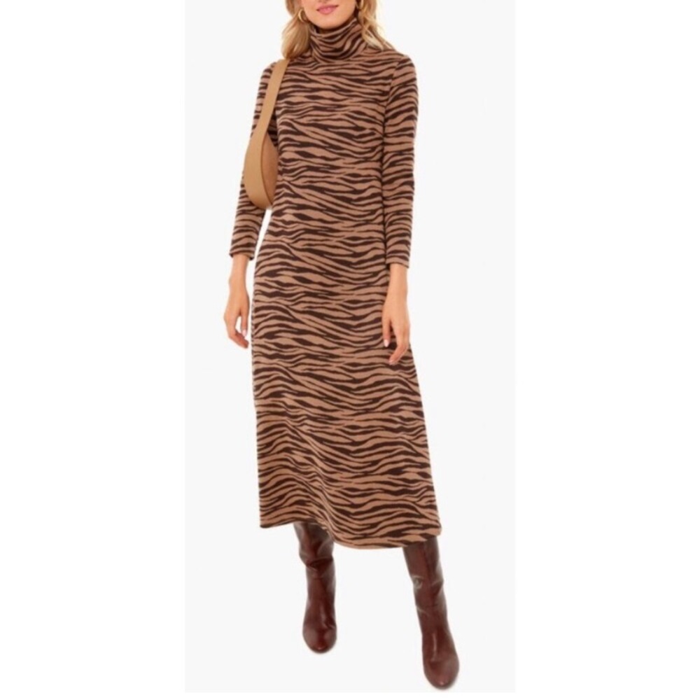 Tuckernuck Tiger Ellery knit midi dress S Animal print Sophisticated mock neck